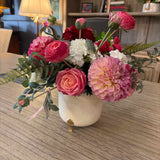 Custom Hydrangea-Rose-Fern Arrangement in White Gold Footed Planter
