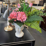 Custom Hydrangea- Rose-Tulip Arrangement in White Bust