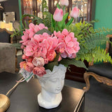 Custom Hydrangea- Rose-Tulip Arrangement in White Bust