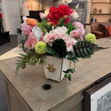 Custom Pink, Red, Orange Floral Arrangement in White and Gold Bee Decanter