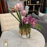 Custom Purple Floral with Fern Accent in Basket Look Planter