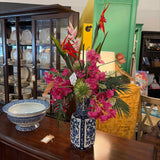 Custom Pink Orchids and Tropical Mix in Blue and White Ginger Jar