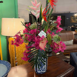 Custom Pink Orchids and Tropical Mix in Blue and White Ginger Jar