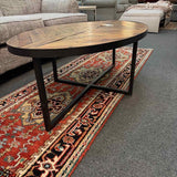 Oval Rustic Wood Coffe Table with Metal Base